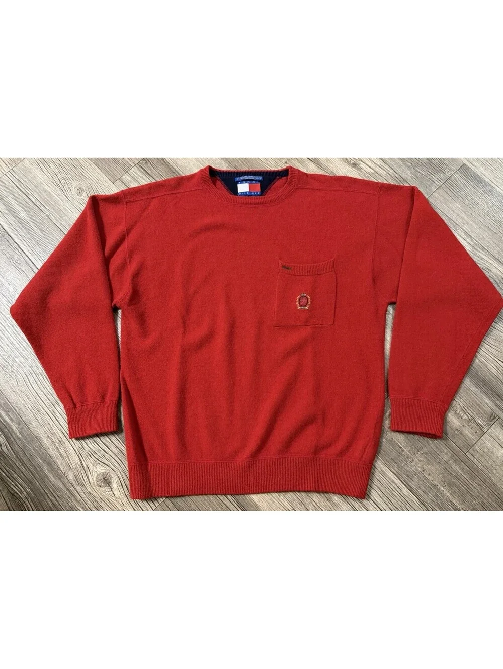 Vintage Tommy Hilfiger Sweater Mens Large Red Lambswool Preppy Logo Hong Kong